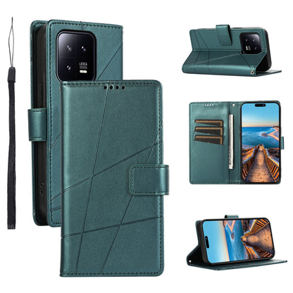 Xiaomi 13 PU Genuine Leather Texture Embossed Line Phone Case with Card Wallet, Kickstand & Wrist Strap