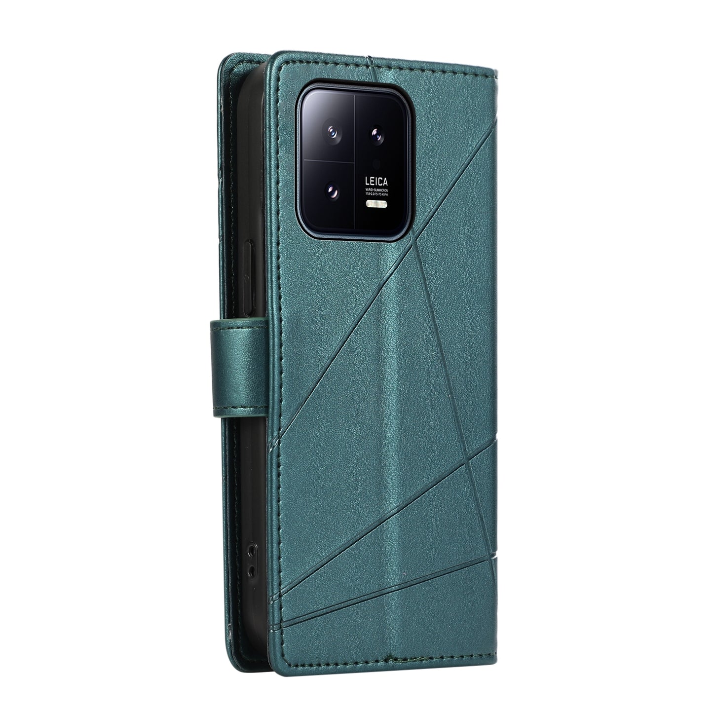 Xiaomi 13 PU Genuine Leather Texture Embossed Line Phone Case with Card Wallet, Kickstand & Wrist Strap
