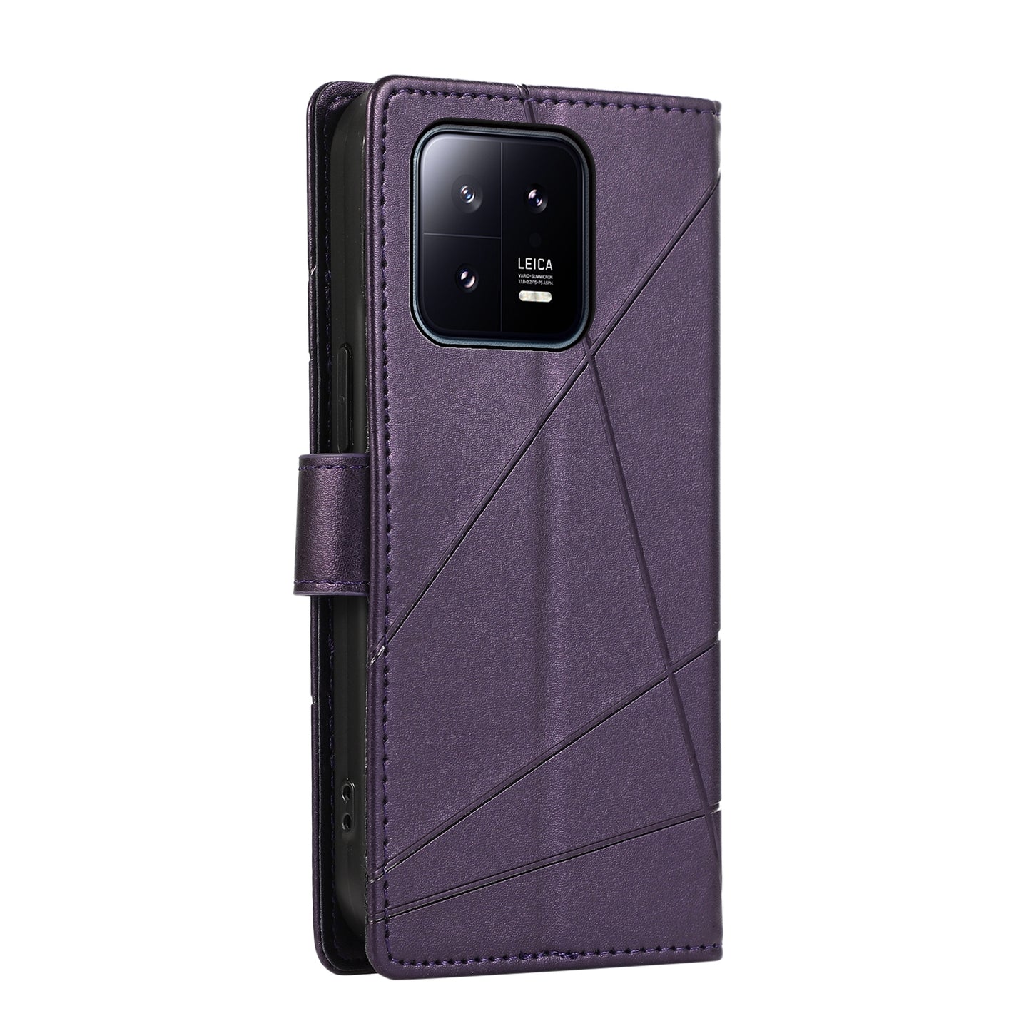 Xiaomi 13 PU Genuine Leather Texture Embossed Line Phone Case with Card Wallet, Kickstand & Wrist Strap