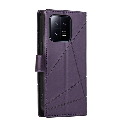 Xiaomi 13 PU Genuine Leather Texture Embossed Line Phone Case with Card Wallet, Kickstand & Wrist Strap