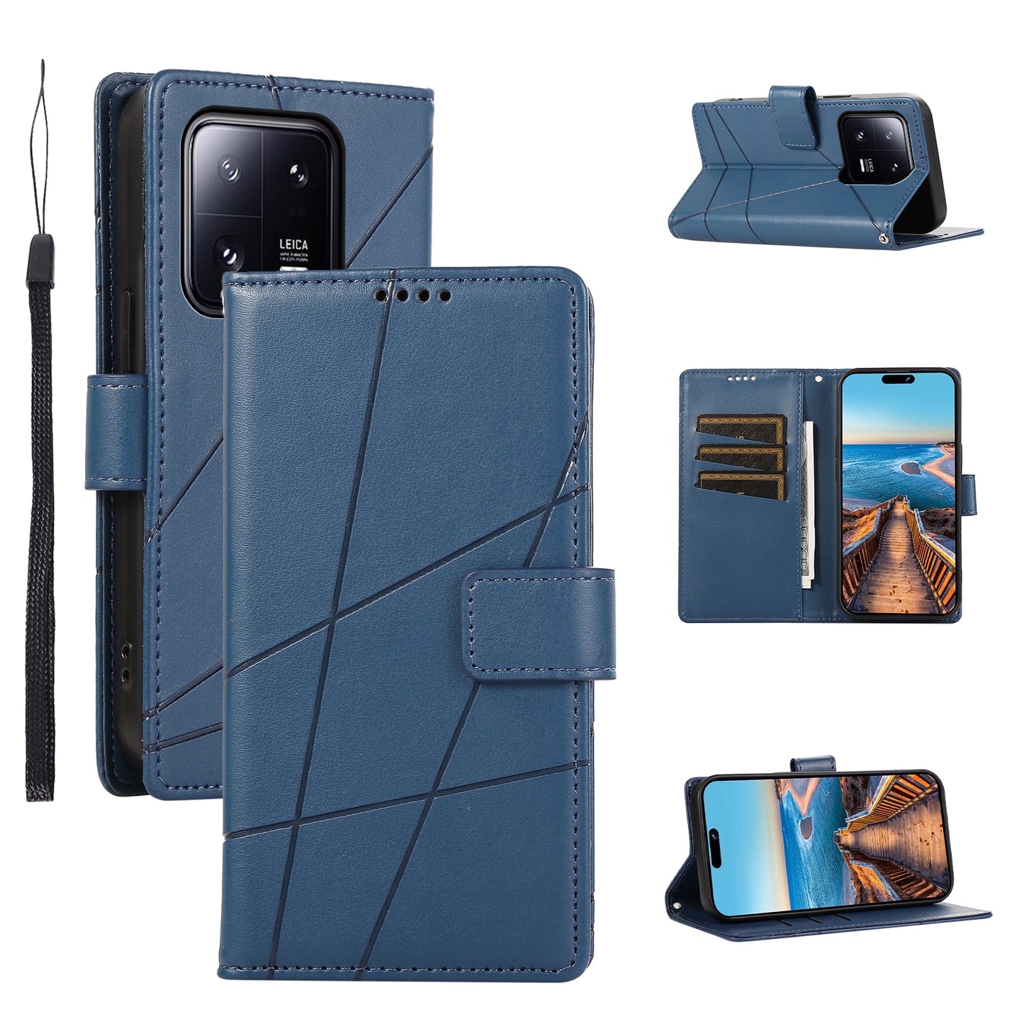 Xiaomi 13 Pro PU Genuine Leather Texture Embossed Line Phone Case with Card Wallet, Kickstand & Wrist Strap