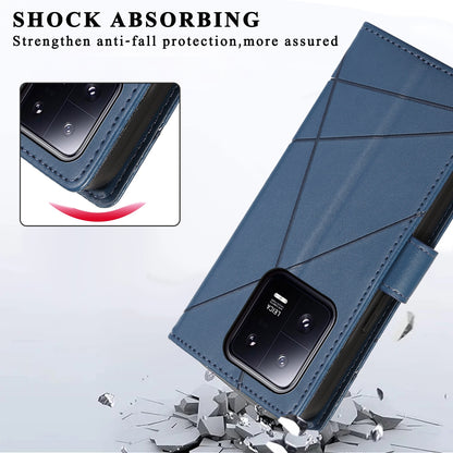 Xiaomi 13 Pro PU Genuine Leather Texture Embossed Line Phone Case with Card Wallet, Kickstand & Wrist Strap