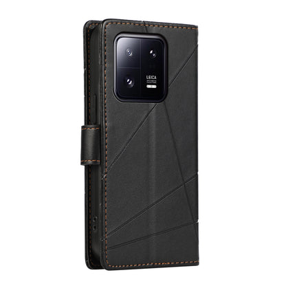 Xiaomi 13 Pro PU Genuine Leather Texture Embossed Line Phone Case with Card Wallet, Kickstand & Wrist Strap
