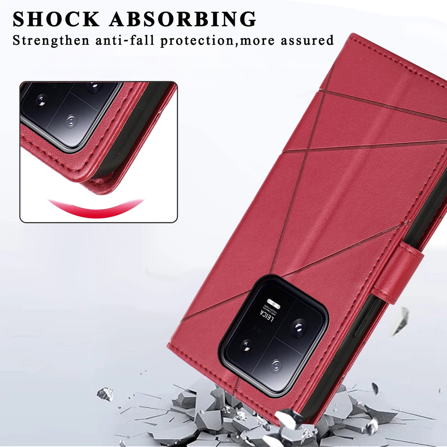 Xiaomi 13 Pro PU Genuine Leather Texture Embossed Line Phone Case with Card Wallet, Kickstand & Wrist Strap
