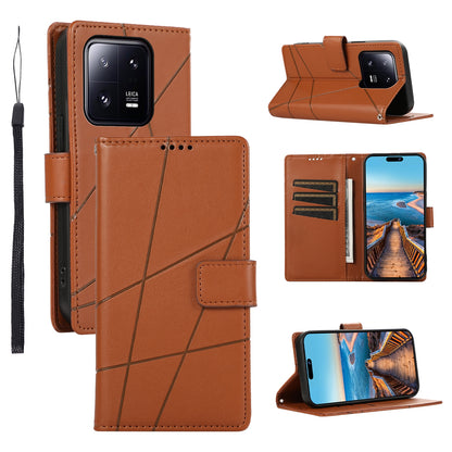 Xiaomi 13 Pro PU Genuine Leather Texture Embossed Line Phone Case with Card Wallet, Kickstand & Wrist Strap