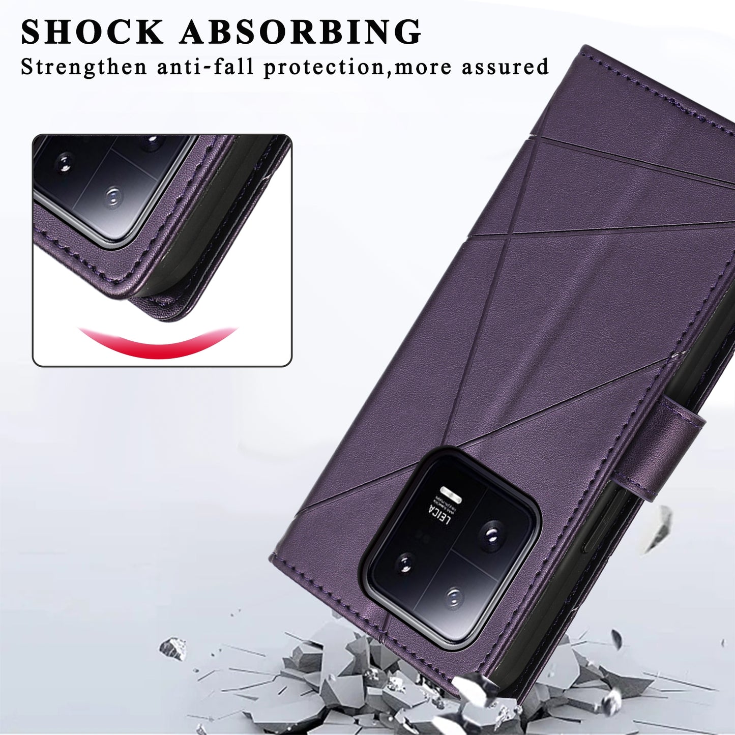 Xiaomi 13 Pro PU Genuine Leather Texture Embossed Line Phone Case with Card Wallet, Kickstand & Wrist Strap