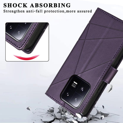 Xiaomi 13 Pro PU Genuine Leather Texture Embossed Line Phone Case with Card Wallet, Kickstand & Wrist Strap