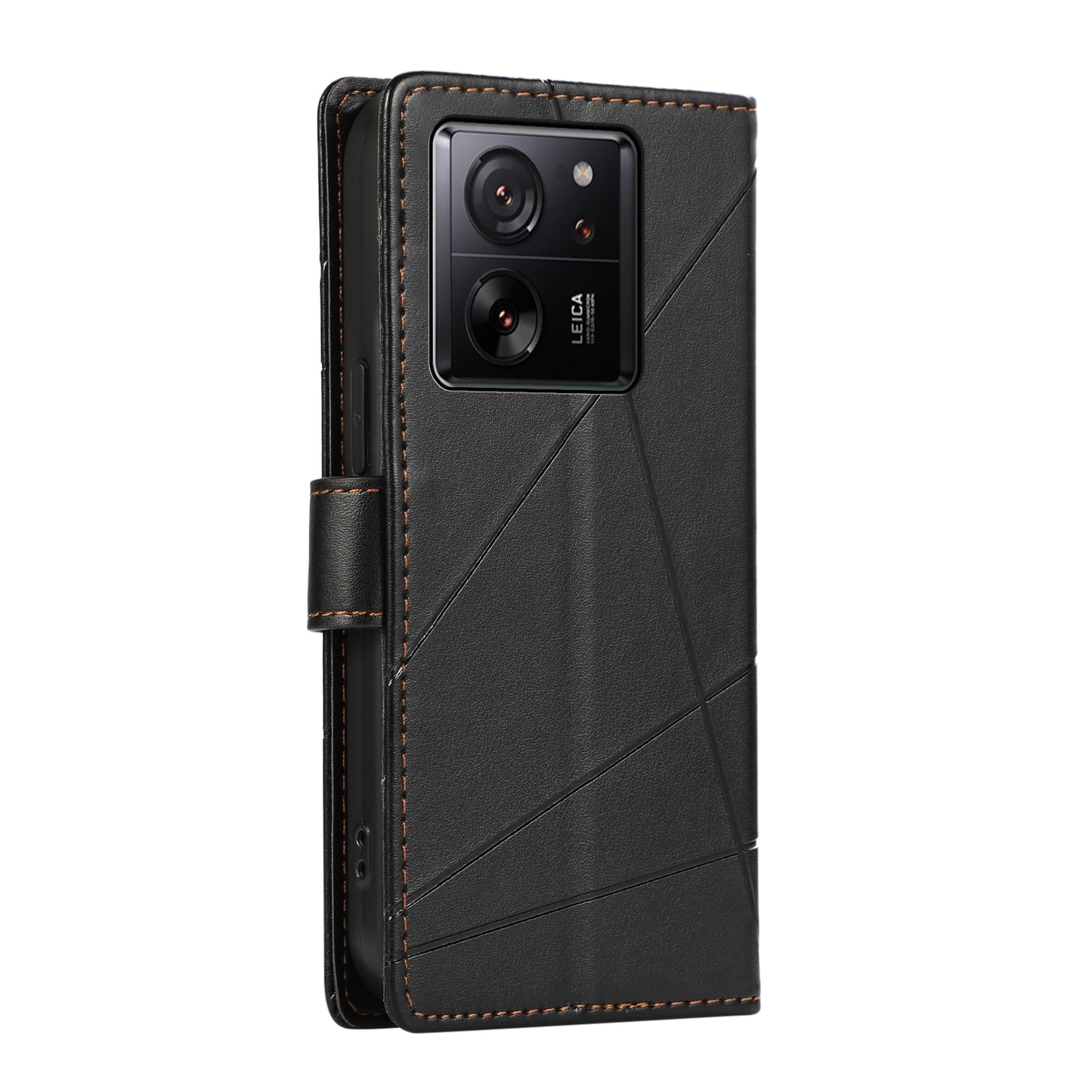 Xiaomi 13T PU Genuine Leather Texture Embossed Line Phone Case with Card Wallet, Kickstand & Wrist Strap