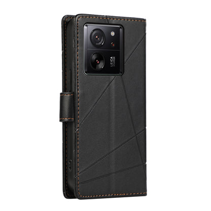 Xiaomi 13T PU Genuine Leather Texture Embossed Line Phone Case with Card Wallet, Kickstand & Wrist Strap