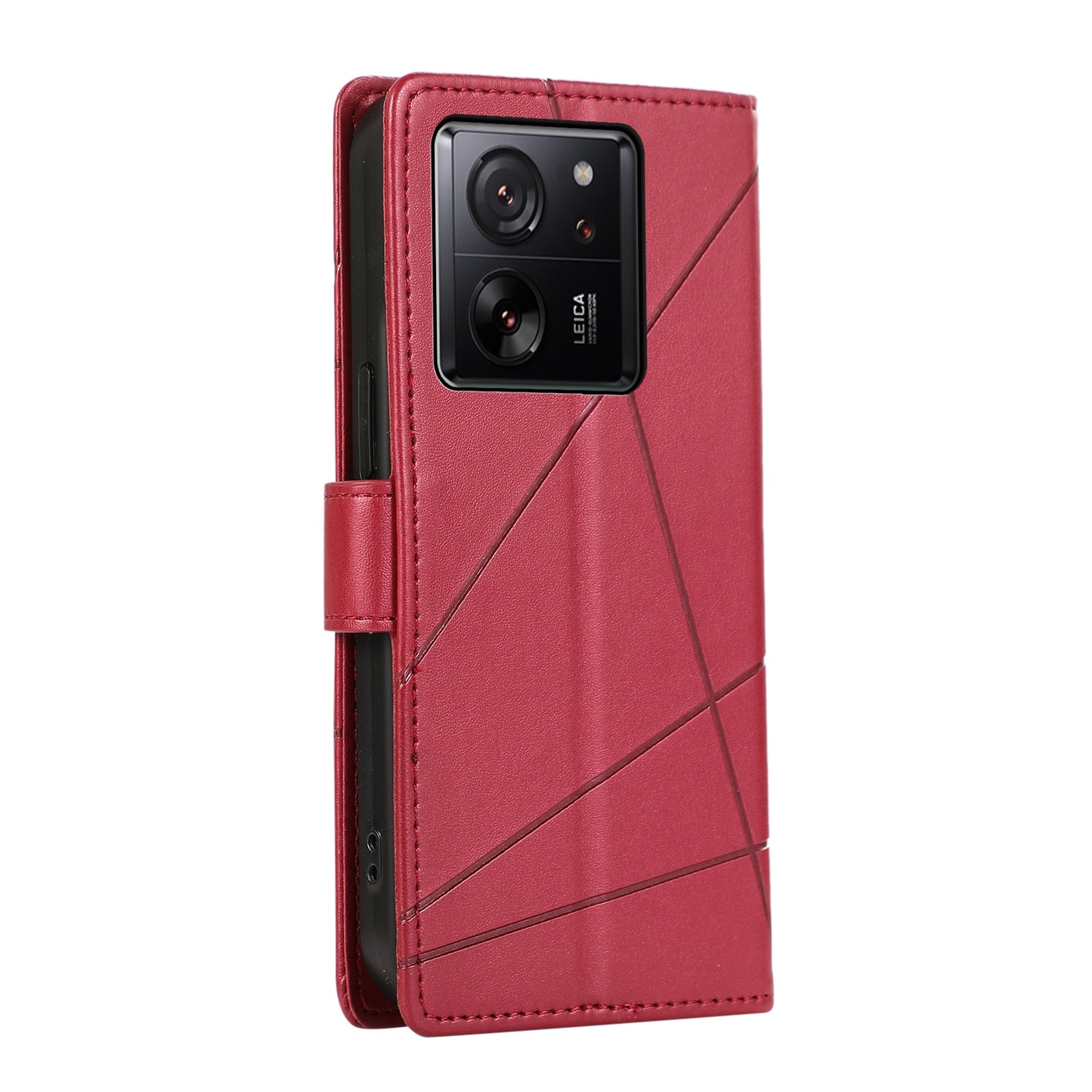 Xiaomi 13T PU Genuine Leather Texture Embossed Line Phone Case with Card Wallet, Kickstand & Wrist Strap