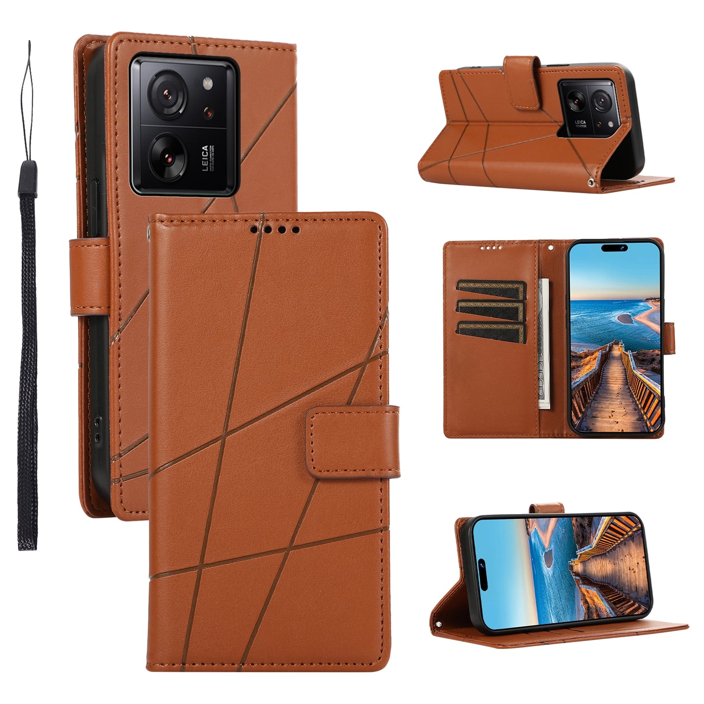 Xiaomi 13T PU Genuine Leather Texture Embossed Line Phone Case with Card Wallet, Kickstand & Wrist Strap