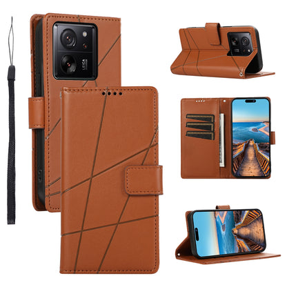 Xiaomi 13T PU Genuine Leather Texture Embossed Line Phone Case with Card Wallet, Kickstand & Wrist Strap