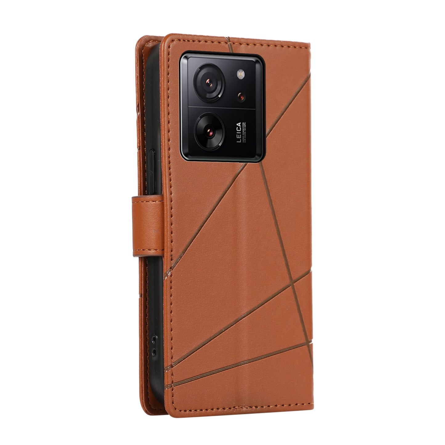 Xiaomi 13T PU Genuine Leather Texture Embossed Line Phone Case with Card Wallet, Kickstand & Wrist Strap