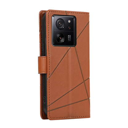 Xiaomi 13T PU Genuine Leather Texture Embossed Line Phone Case with Card Wallet, Kickstand & Wrist Strap