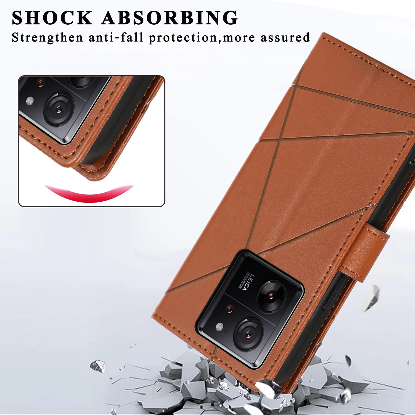 Xiaomi 13T PU Genuine Leather Texture Embossed Line Phone Case with Card Wallet, Kickstand & Wrist Strap