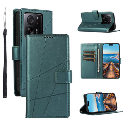 Xiaomi 13T PU Genuine Leather Texture Embossed Line Phone Case with Card Wallet, Kickstand & Wrist Strap