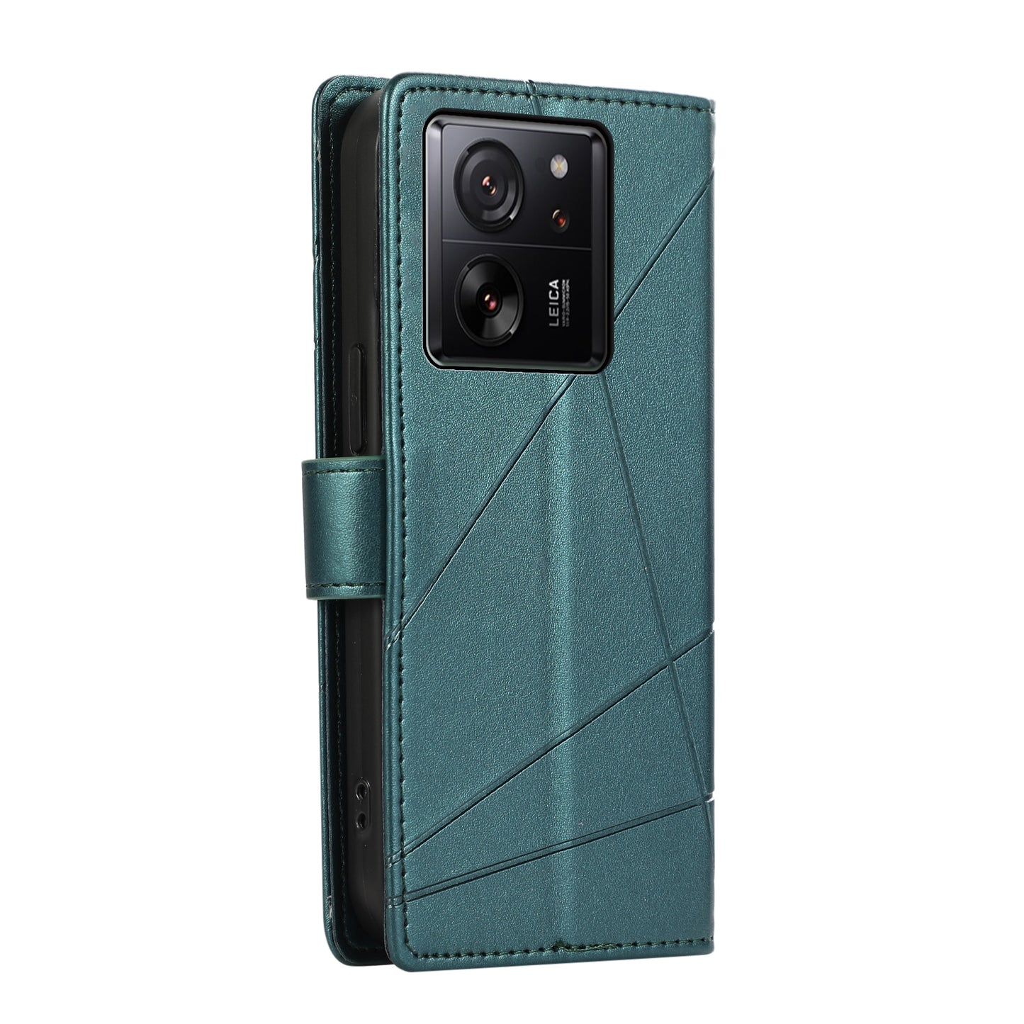 Xiaomi 13T PU Genuine Leather Texture Embossed Line Phone Case with Card Wallet, Kickstand & Wrist Strap