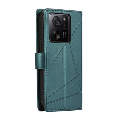 Xiaomi 13T PU Genuine Leather Texture Embossed Line Phone Case with Card Wallet, Kickstand & Wrist Strap