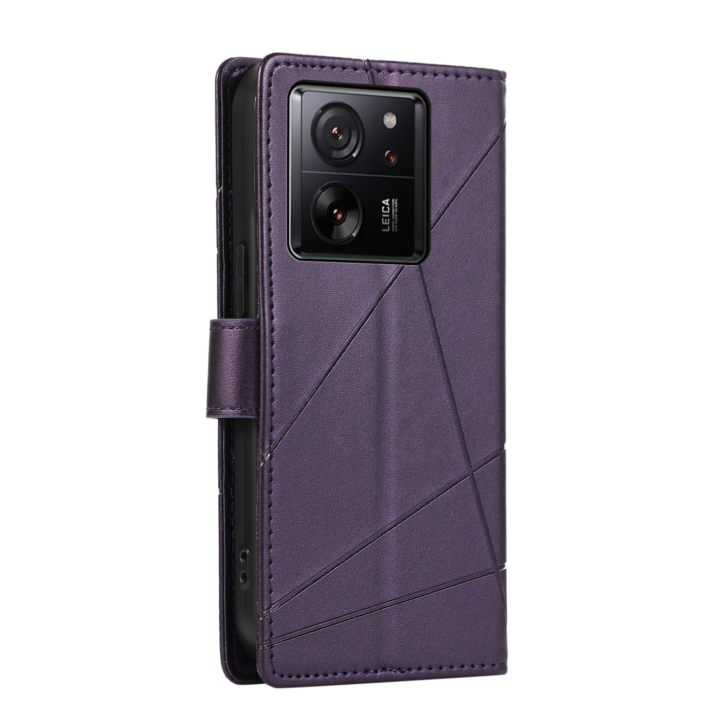 Xiaomi 13T PU Genuine Leather Texture Embossed Line Phone Case with Card Wallet, Kickstand & Wrist Strap