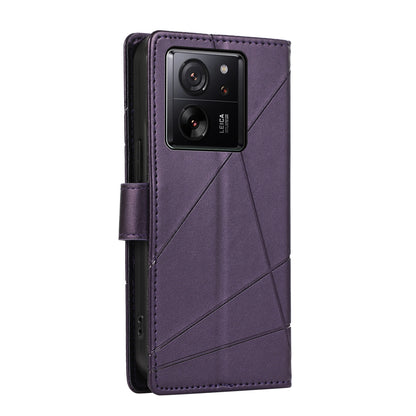 Xiaomi 13T PU Genuine Leather Texture Embossed Line Phone Case with Card Wallet, Kickstand & Wrist Strap