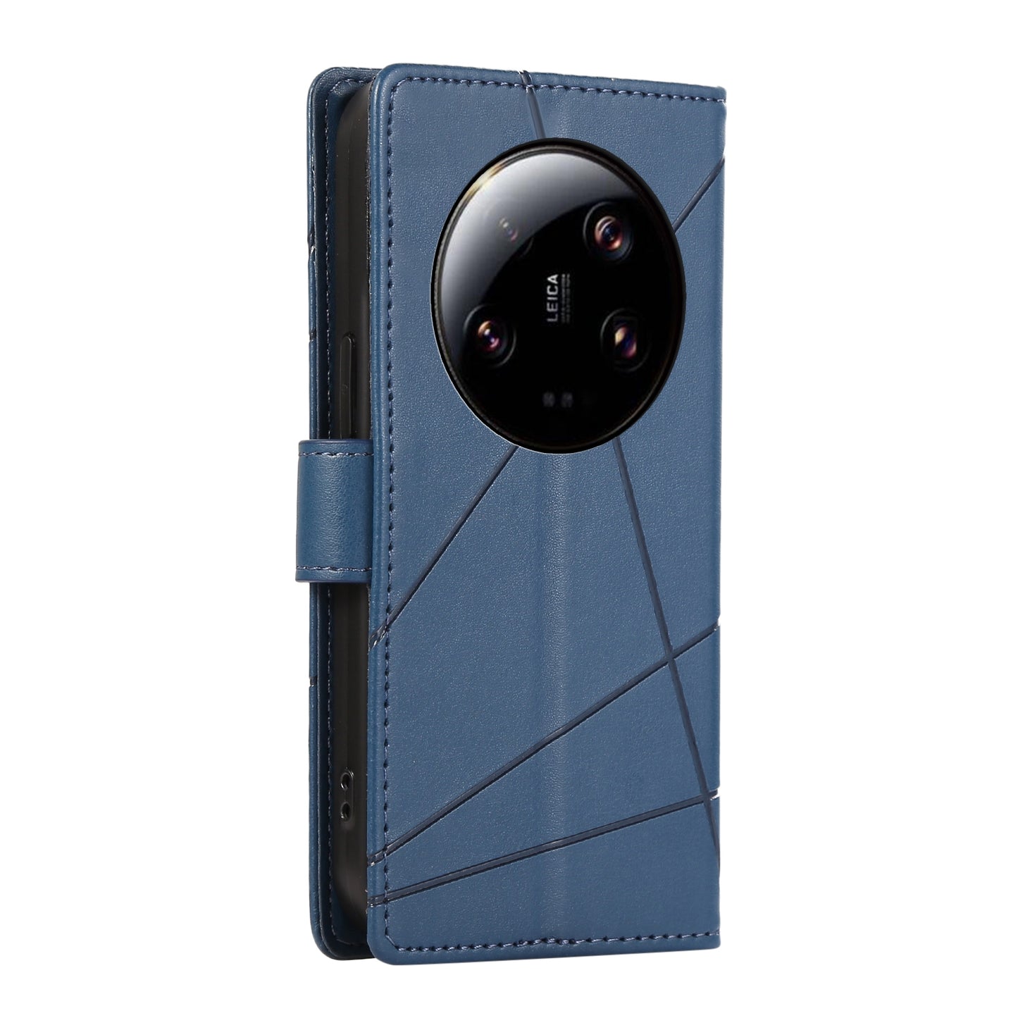 Xiaomi 13 Ultra PU Genuine Leather Texture Embossed Line Phone Case with Card Wallet, Kickstand & Wrist Strap