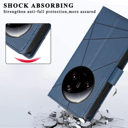Xiaomi 13 Ultra PU Genuine Leather Texture Embossed Line Phone Case with Card Wallet, Kickstand & Wrist Strap