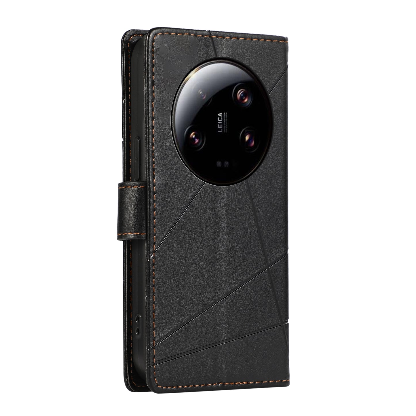 Xiaomi 13 Ultra PU Genuine Leather Texture Embossed Line Phone Case with Card Wallet, Kickstand & Wrist Strap