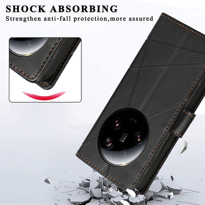 Xiaomi 13 Ultra PU Genuine Leather Texture Embossed Line Phone Case with Card Wallet, Kickstand & Wrist Strap
