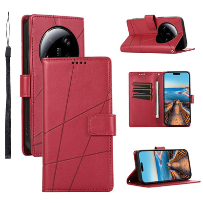 Xiaomi 13 Ultra PU Genuine Leather Texture Embossed Line Phone Case with Card Wallet, Kickstand & Wrist Strap