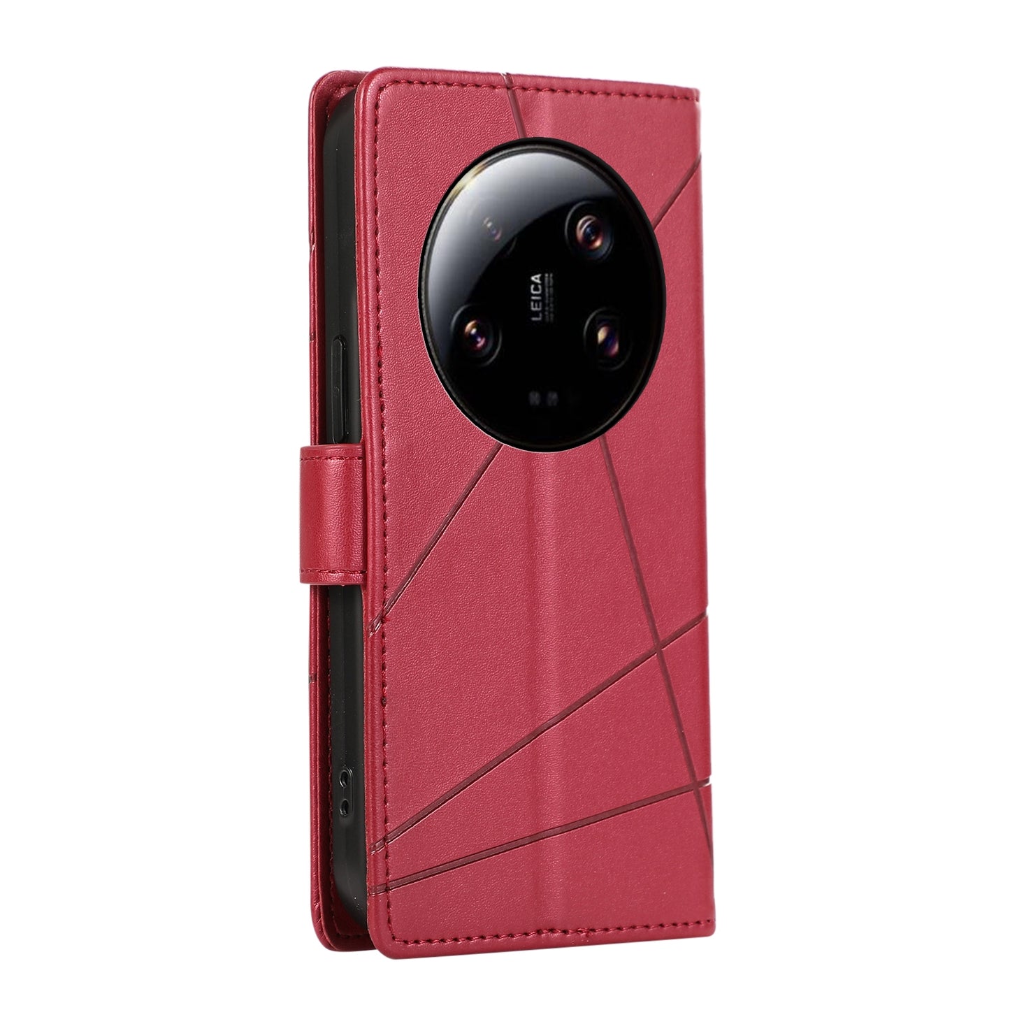 Xiaomi 13 Ultra PU Genuine Leather Texture Embossed Line Phone Case with Card Wallet, Kickstand & Wrist Strap