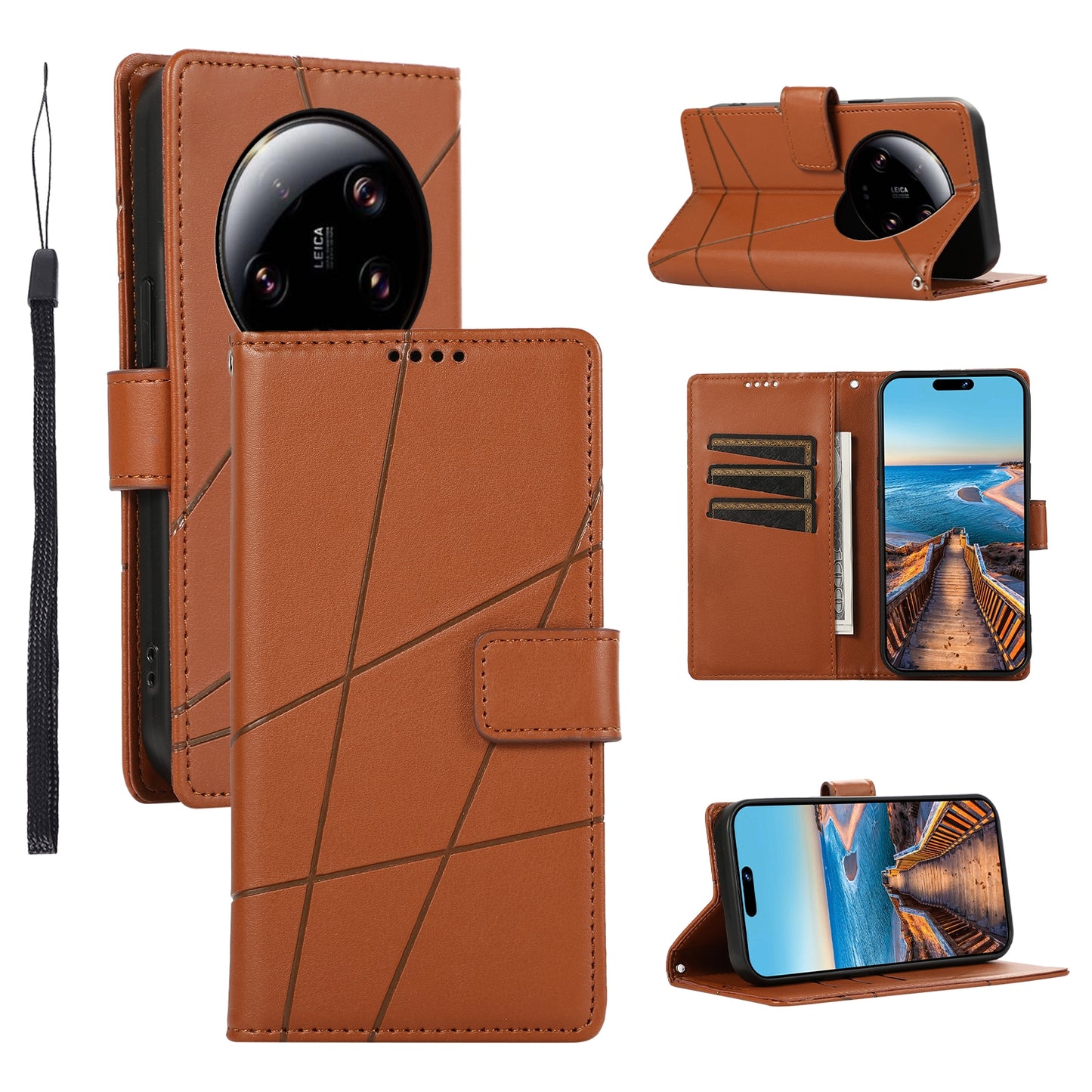 Xiaomi 13 Ultra PU Genuine Leather Texture Embossed Line Phone Case with Card Wallet, Kickstand & Wrist Strap