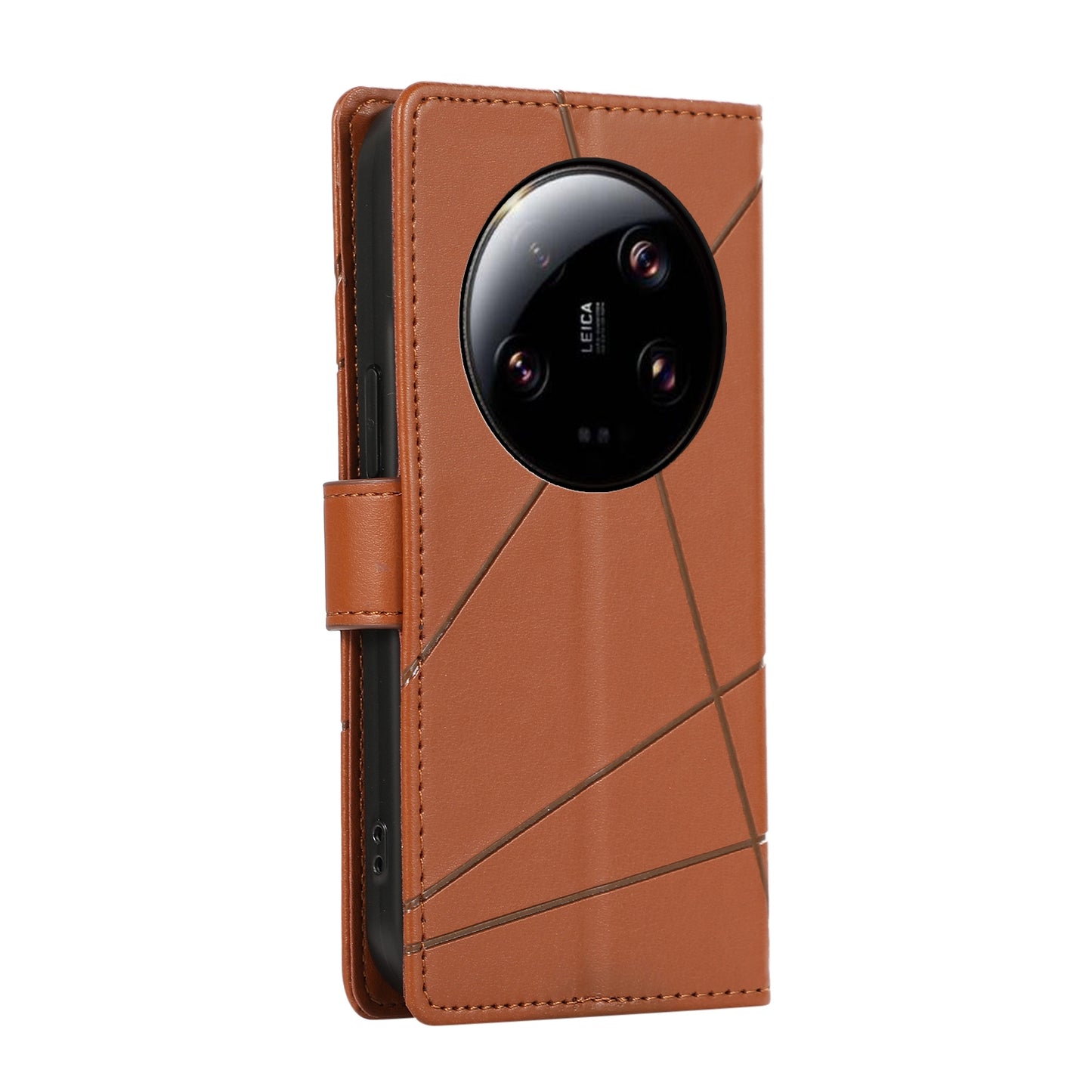 Xiaomi 13 Ultra PU Genuine Leather Texture Embossed Line Phone Case with Card Wallet, Kickstand & Wrist Strap