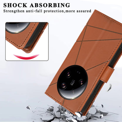 Xiaomi 13 Ultra PU Genuine Leather Texture Embossed Line Phone Case with Card Wallet, Kickstand & Wrist Strap