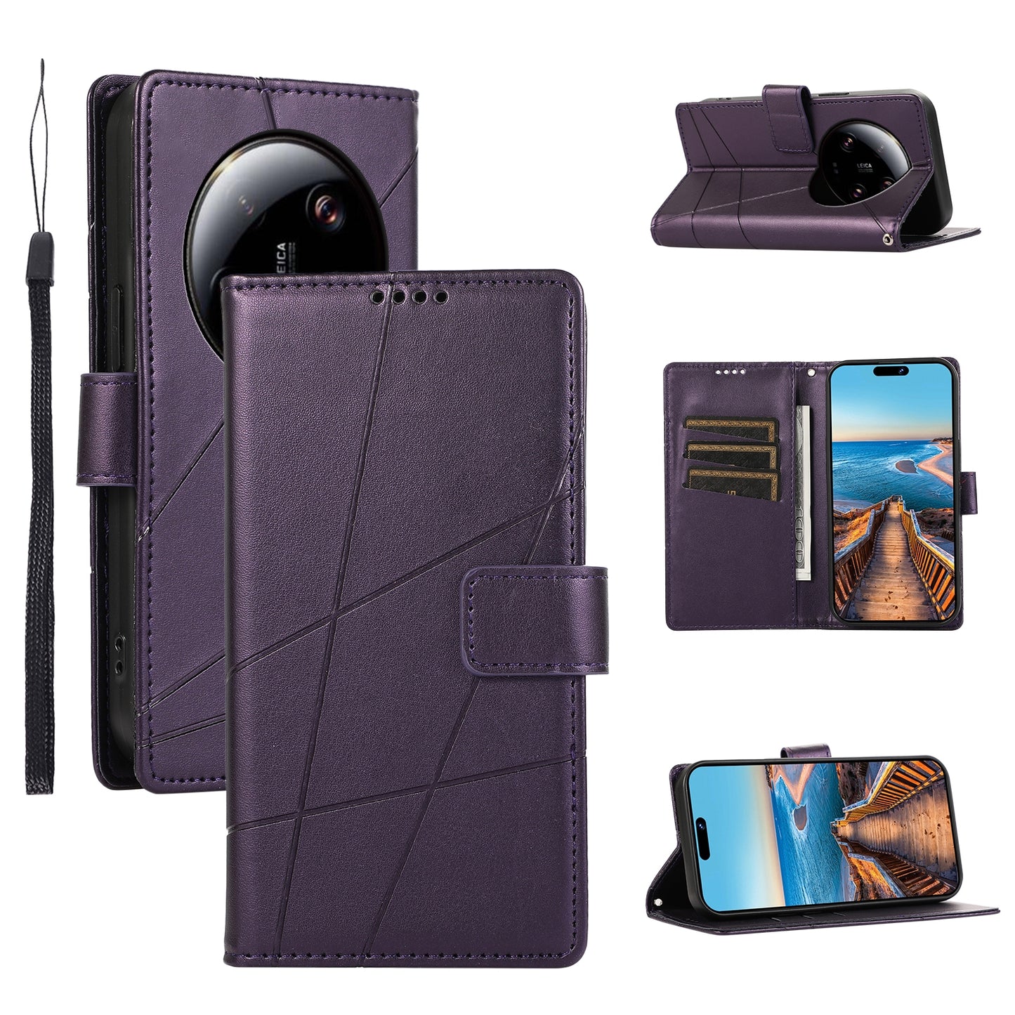 Xiaomi 13 Ultra PU Genuine Leather Texture Embossed Line Phone Case with Card Wallet, Kickstand & Wrist Strap