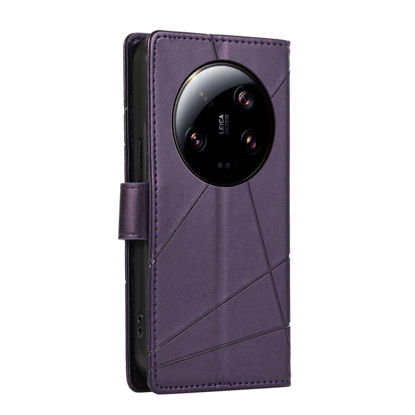Xiaomi 13 Ultra PU Genuine Leather Texture Embossed Line Phone Case with Card Wallet, Kickstand & Wrist Strap
