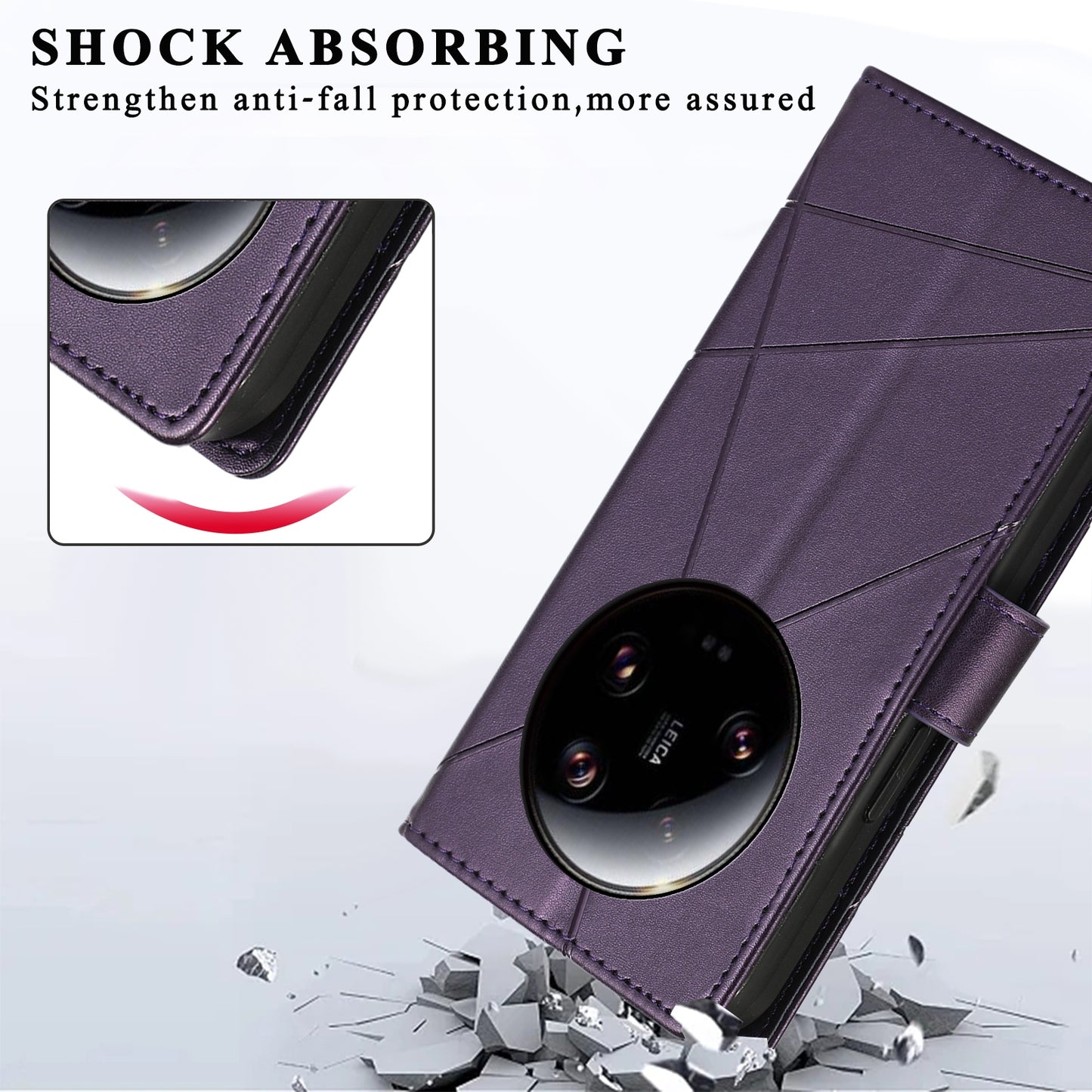 Xiaomi 13 Ultra PU Genuine Leather Texture Embossed Line Phone Case with Card Wallet, Kickstand & Wrist Strap