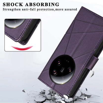 Xiaomi 13 Ultra PU Genuine Leather Texture Embossed Line Phone Case with Card Wallet, Kickstand & Wrist Strap