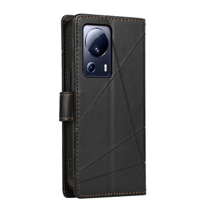 Xiaomi 13 Lite PU Genuine Leather Texture Embossed Line Phone Case with Card Wallet, Kickstand & Wrist Strap