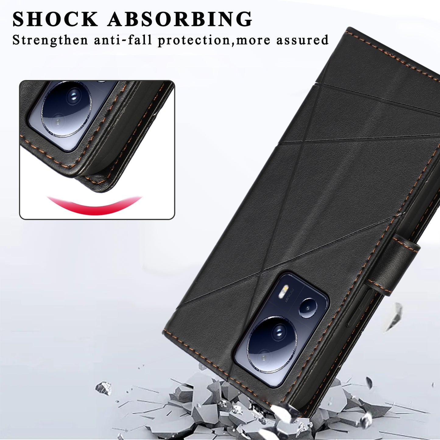 Xiaomi 13 Lite PU Genuine Leather Texture Embossed Line Phone Case with Card Wallet, Kickstand & Wrist Strap