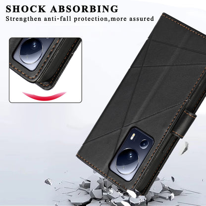 Xiaomi 13 Lite PU Genuine Leather Texture Embossed Line Phone Case with Card Wallet, Kickstand & Wrist Strap
