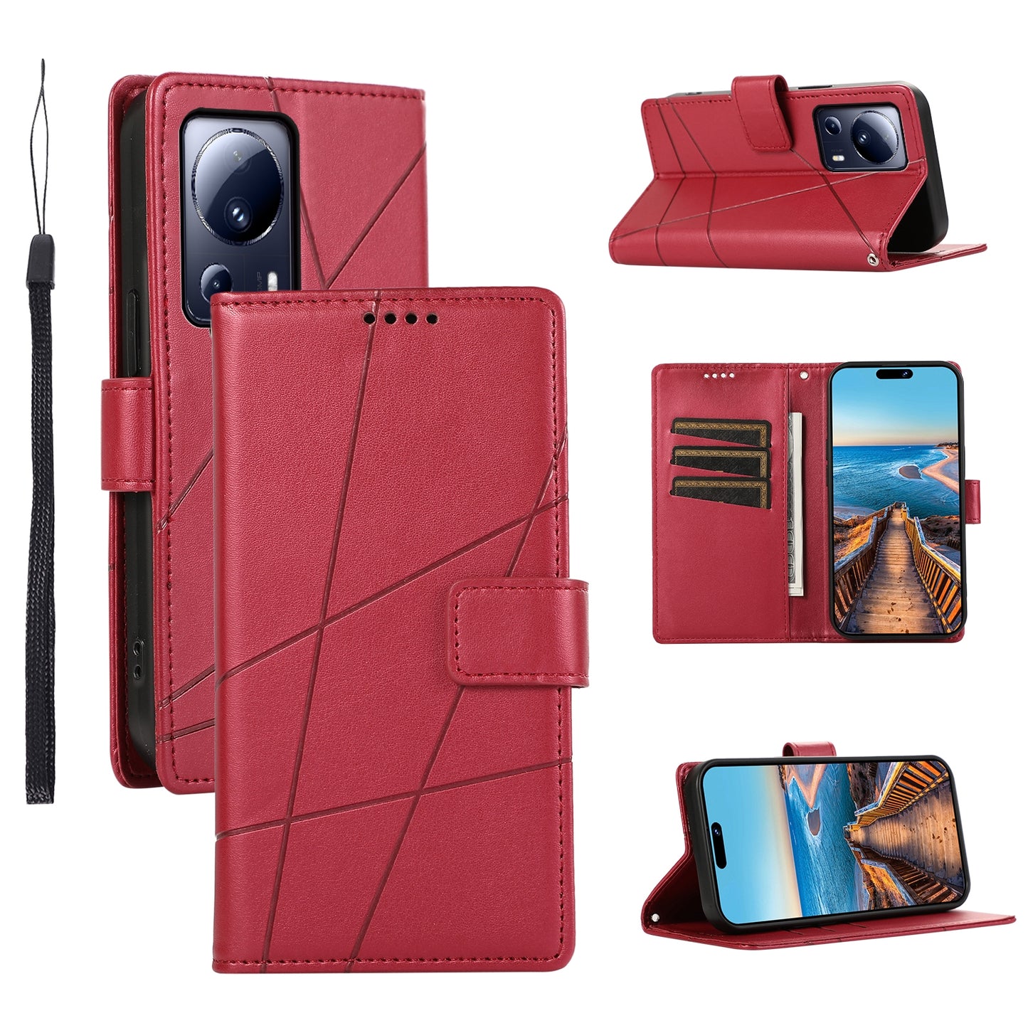Xiaomi 13 Lite PU Genuine Leather Texture Embossed Line Phone Case with Card Wallet, Kickstand & Wrist Strap