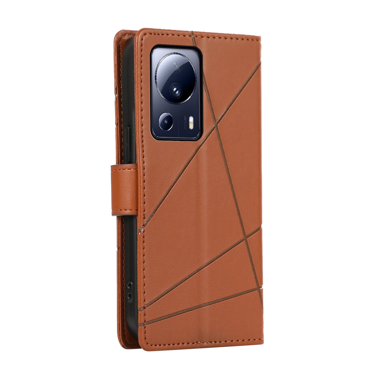 Xiaomi 13 Lite PU Genuine Leather Texture Embossed Line Phone Case with Card Wallet, Kickstand & Wrist Strap
