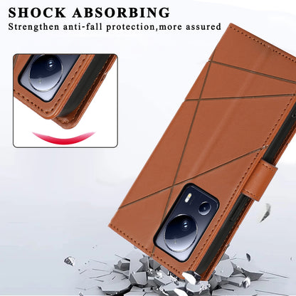 Xiaomi 13 Lite PU Genuine Leather Texture Embossed Line Phone Case with Card Wallet, Kickstand & Wrist Strap