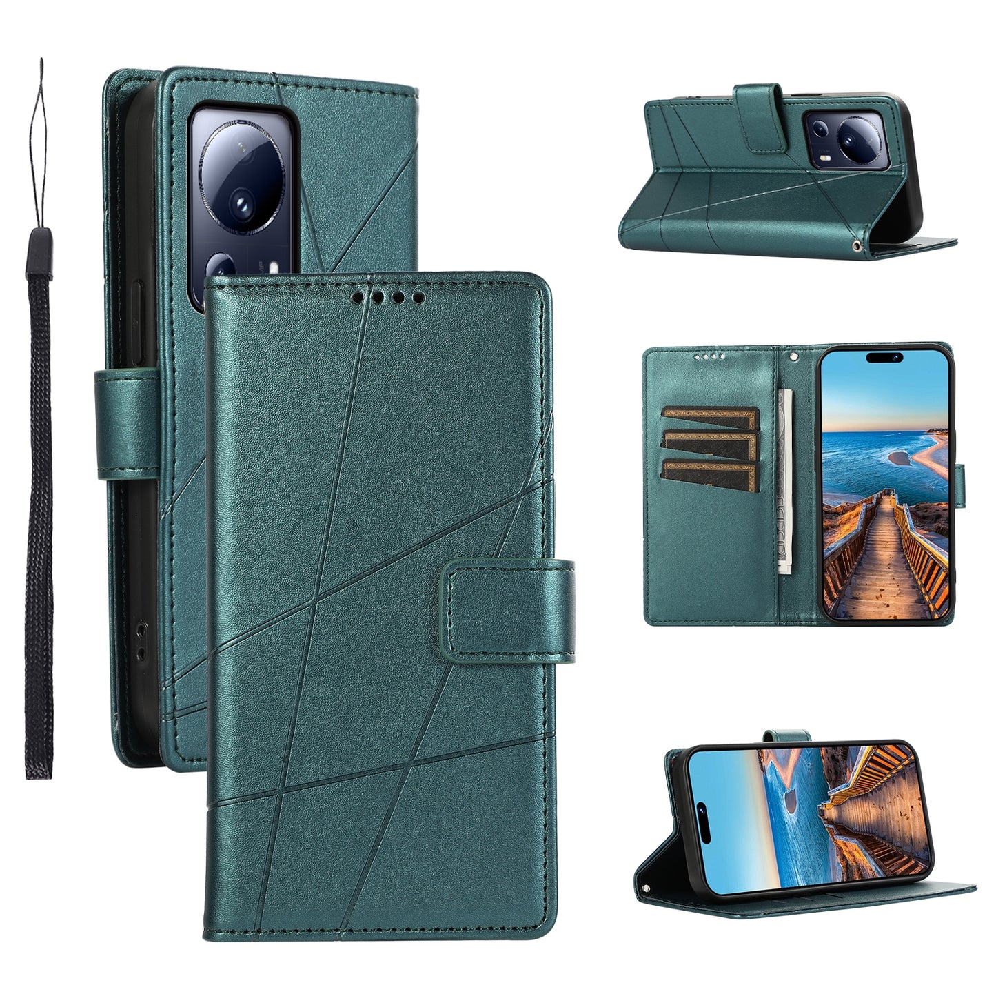 Xiaomi 13 Lite PU Genuine Leather Texture Embossed Line Phone Case with Card Wallet, Kickstand & Wrist Strap