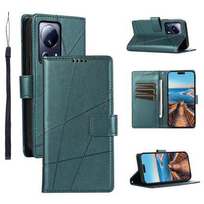 Xiaomi 13 Lite PU Genuine Leather Texture Embossed Line Phone Case with Card Wallet, Kickstand & Wrist Strap