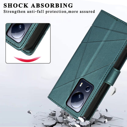 Xiaomi 13 Lite PU Genuine Leather Texture Embossed Line Phone Case with Card Wallet, Kickstand & Wrist Strap