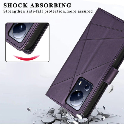 Xiaomi 13 Lite PU Genuine Leather Texture Embossed Line Phone Case with Card Wallet, Kickstand & Wrist Strap
