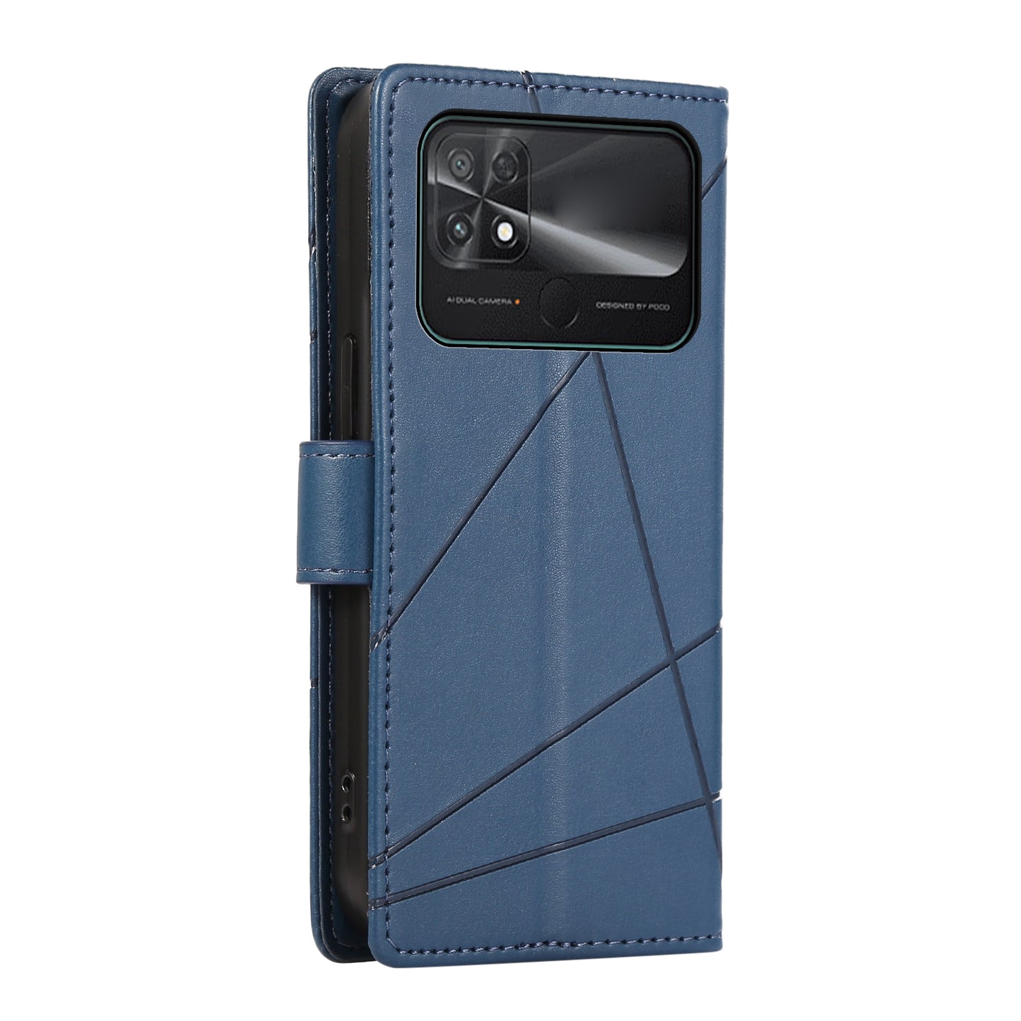 Xiaomi Poco C40 PU Genuine Leather Texture Embossed Line Phone Case with Card Wallet, Kickstand & Wrist Strap