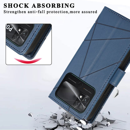 Xiaomi Poco C40 PU Genuine Leather Texture Embossed Line Phone Case with Card Wallet, Kickstand & Wrist Strap