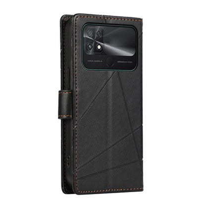 Xiaomi Poco C40 PU Genuine Leather Texture Embossed Line Phone Case with Card Wallet, Kickstand & Wrist Strap